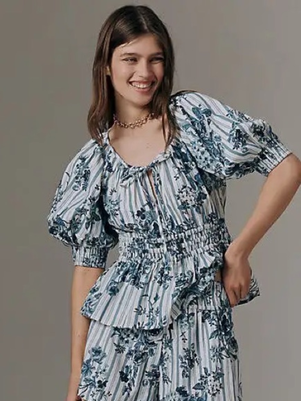 Anthropologie Somerset Blue Floral Puff Sleeve Blouse Sz Small